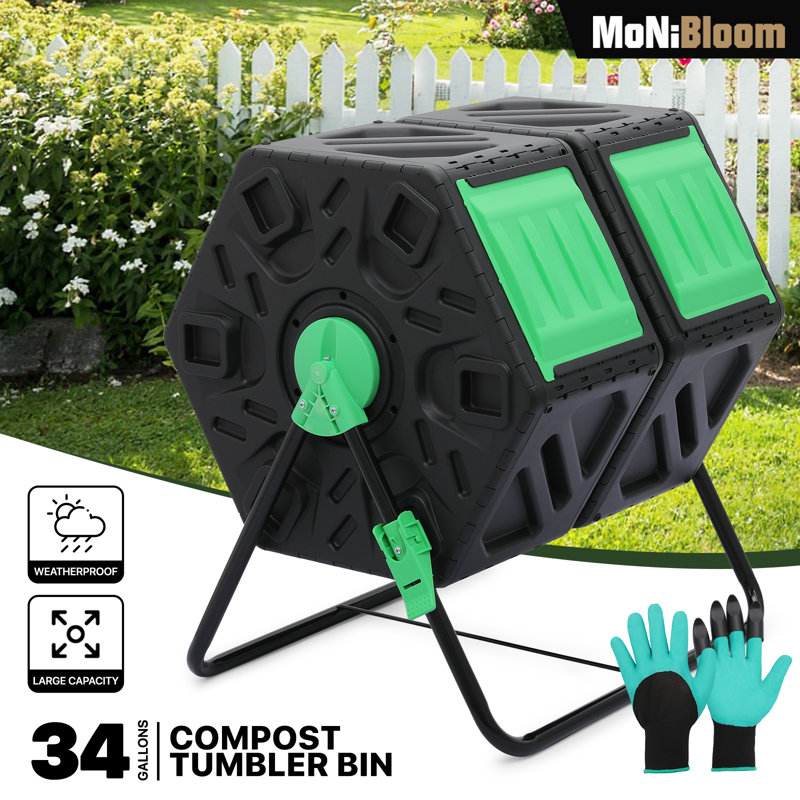 MoNiBloom 34 Gallon Dual Rotating Chamber Compost Bin with Gloves